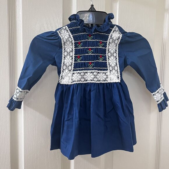 Vintage Polly Flinders Blue Lace Tulip Smocked Dress Long Sleeve Girls Size 3T - Picture 1 of 15
